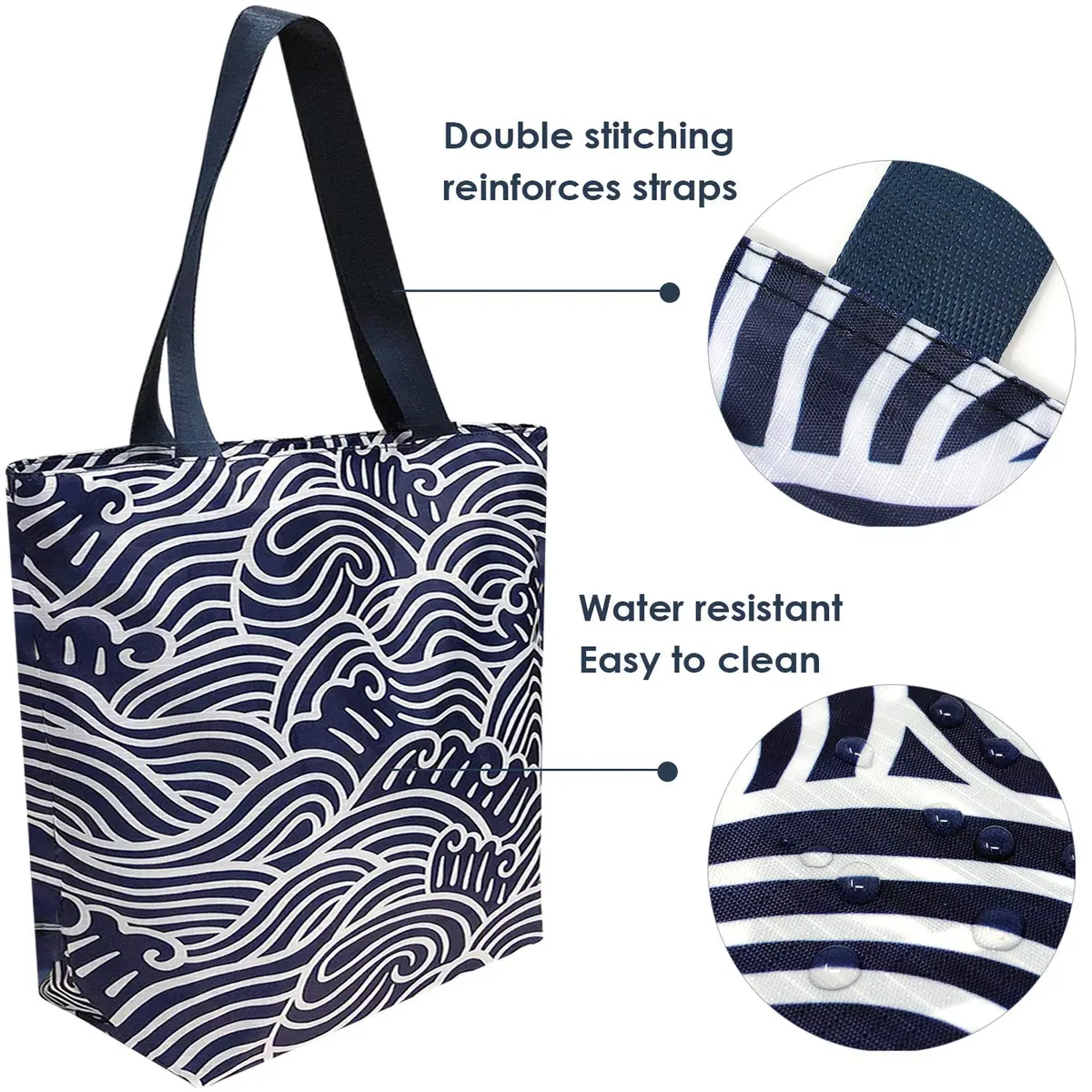 Wrapables Carryall Shopping Travel Tote Bag with Durable Ripstop Polyester - Foldable and Waterproof, Large, Navy Swirls | Compact, Water-Resistant & Spacious - view 5