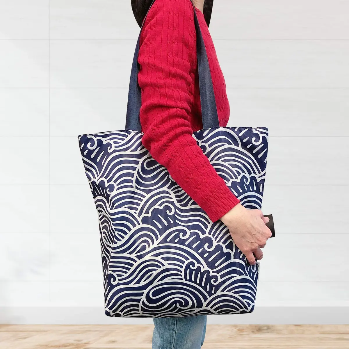 Wrapables Carryall Shopping Travel Tote Bag with Durable Ripstop Polyester - Foldable and Waterproof, Large, Navy Swirls | Compact, Water-Resistant & Spacious - view 2