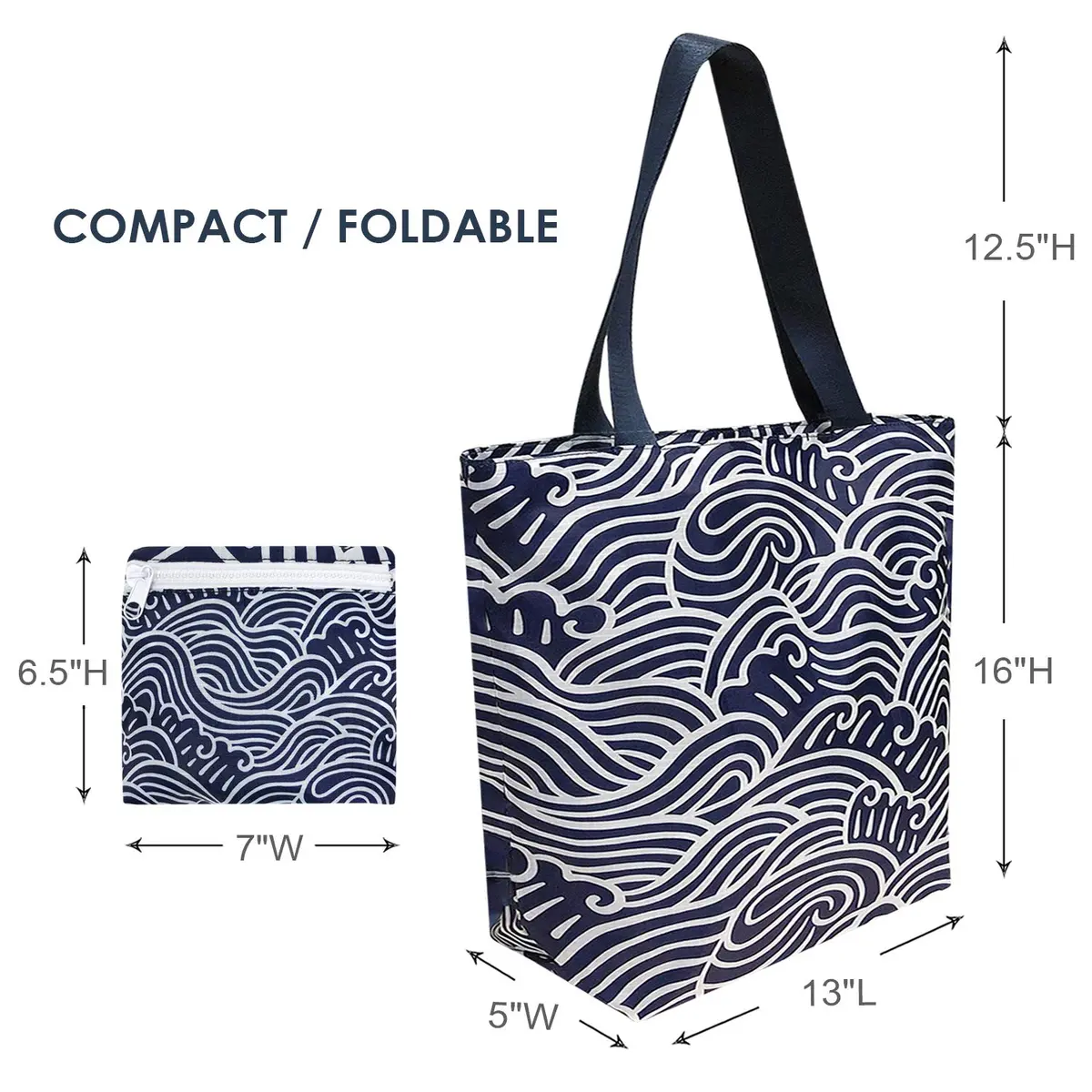 Wrapables Carryall Shopping Travel Tote Bag with Durable Ripstop Polyester - Foldable and Waterproof, Large, Navy Swirls | Compact, Water-Resistant & Spacious - view 3