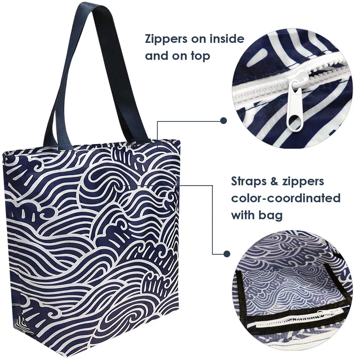 Wrapables Carryall Shopping Travel Tote Bag with Durable Ripstop Polyester - Foldable and Waterproof, Large, Navy Swirls | Compact, Water-Resistant & Spacious - view 4