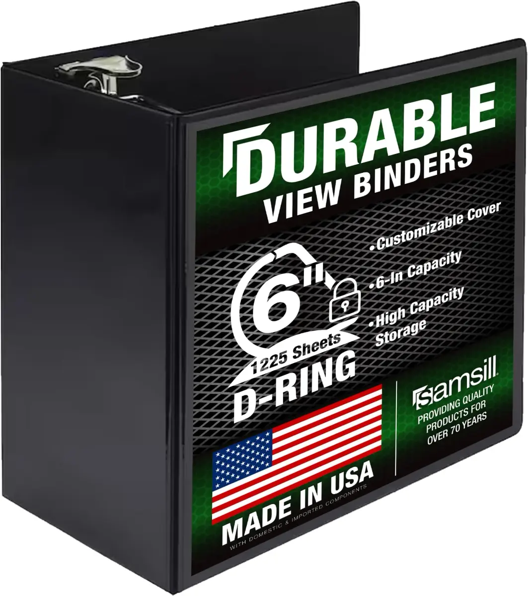 Samsill 6-inch D-Ring Binder, Black | Holds 1225 Pages, Customizable Clear View Cover - main product image