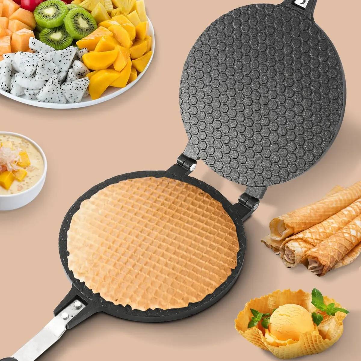 Dyna-Living Waffle Cone Maker Ice Cream Cone Maker, 17cm (6.7") Round Shape | Gas Stove Compatible - view 7