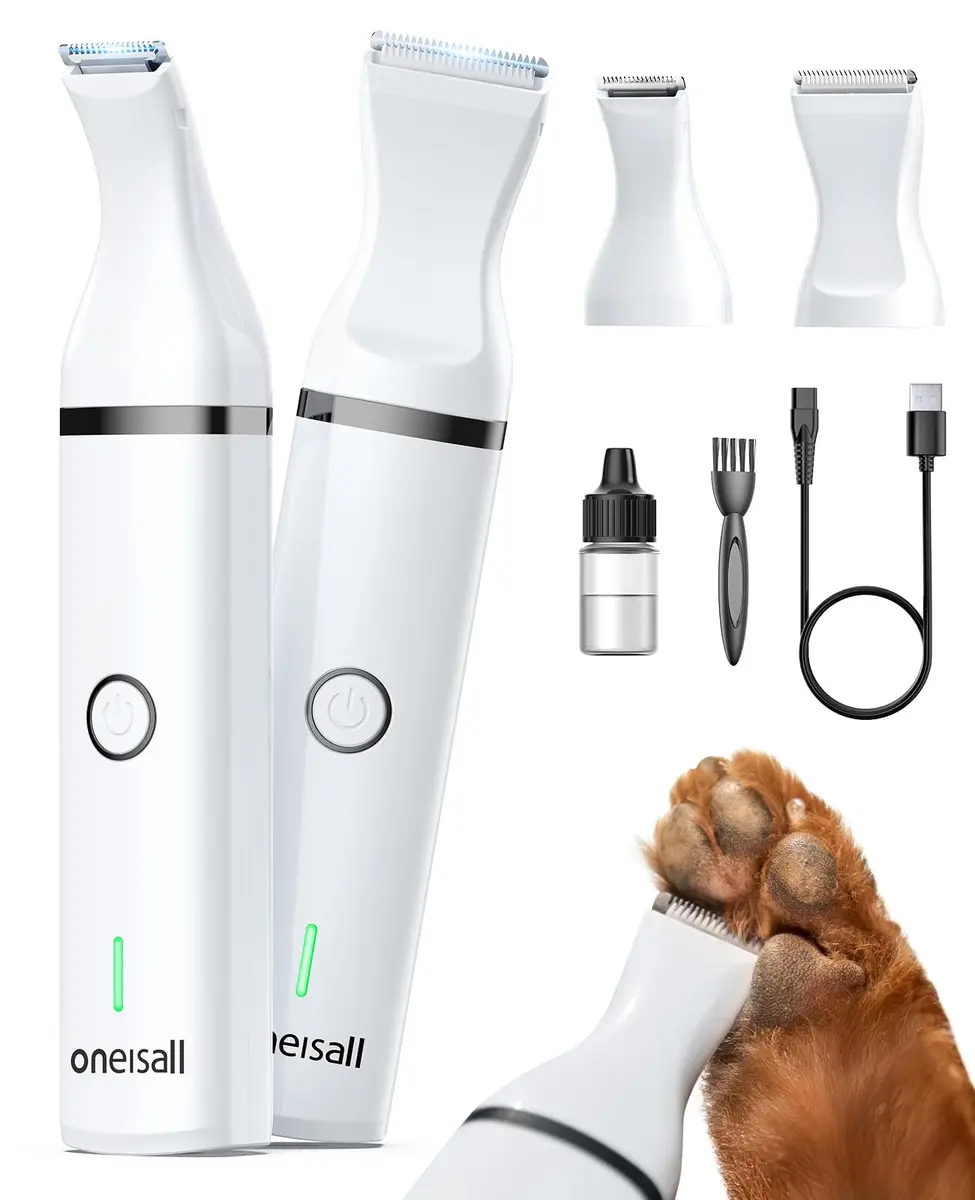 oneisall Dog Paw Trimmer Small Dog Clippers with Stainless Steel Double Blades | Low Noise Cordless Grooming Tool (22g, White) - main product image