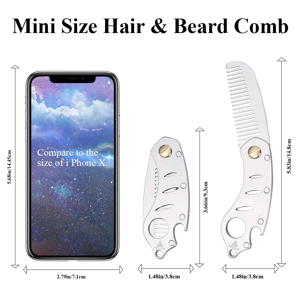 AhfuLife Stainless Steel Hair & Beard Comb | Anti-Static, Portable, Gift Boxed (15*3.6cm open, 9*3.6cm closed, 60g) - view 2