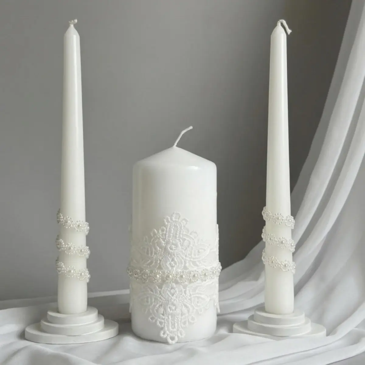 Magik Life Lace Elegance Unity Candle Set for Wedding & Reception | White Pearl Decor, 6" Pillar & Two 10" Taper Candles - main product image