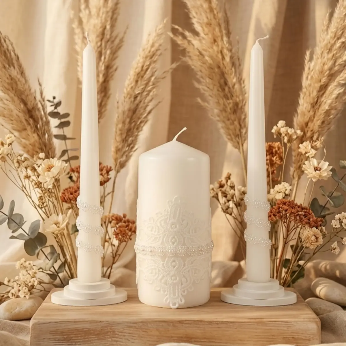 Magik Life Lace Elegance Unity Candle Set for Wedding & Reception | White Pearl Decor, 6" Pillar & Two 10" Taper Candles - view 5