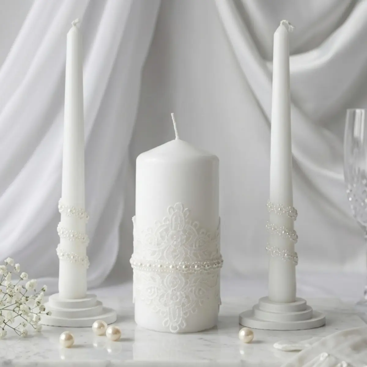 Magik Life Lace Elegance Unity Candle Set for Wedding & Reception | White Pearl Decor, 6" Pillar & Two 10" Taper Candles - view 6