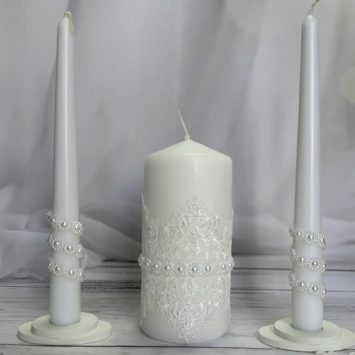 Magik Life Lace Elegance Unity Candle Set for Wedding & Reception | White Pearl Decor, 6" Pillar & Two 10" Taper Candles - view 7