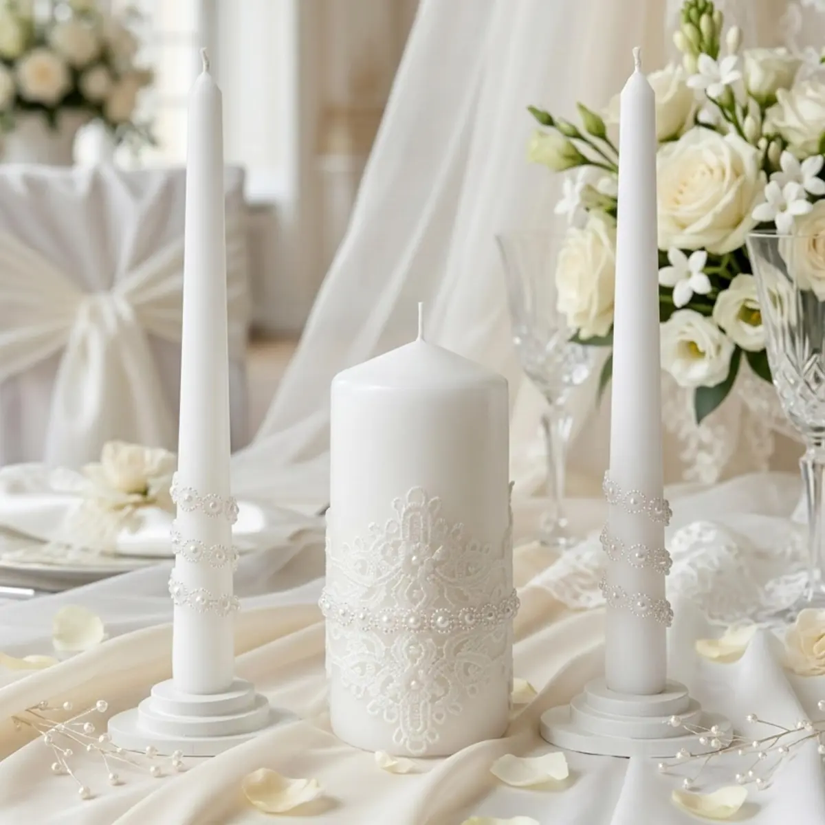 Magik Life Lace Elegance Unity Candle Set for Wedding & Reception | White Pearl Decor, 6" Pillar & Two 10" Taper Candles - view 8