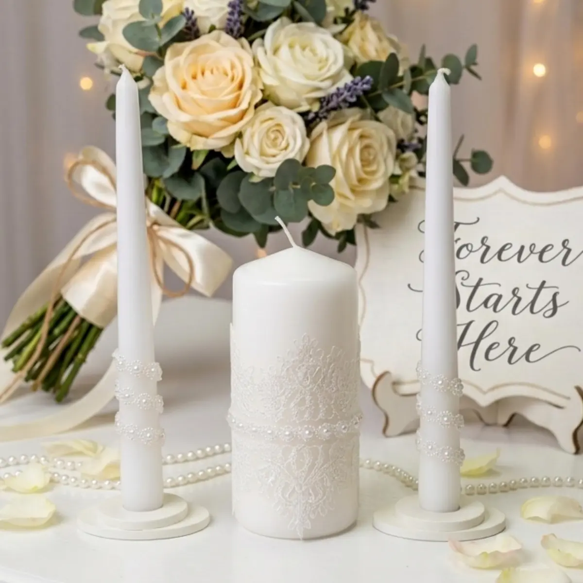 Magik Life Lace Elegance Unity Candle Set for Wedding & Reception | White Pearl Decor, 6" Pillar & Two 10" Taper Candles - view 2