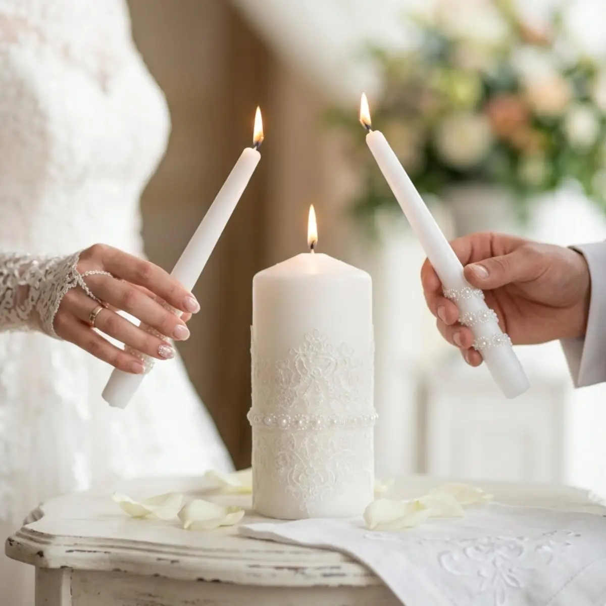 Magik Life Lace Elegance Unity Candle Set for Wedding & Reception | White Pearl Decor, 6" Pillar & Two 10" Taper Candles - view 3