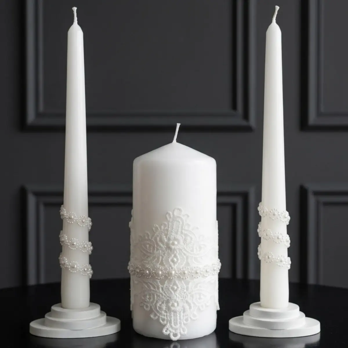 Magik Life Lace Elegance Unity Candle Set for Wedding & Reception | White Pearl Decor, 6" Pillar & Two 10" Taper Candles - view 4
