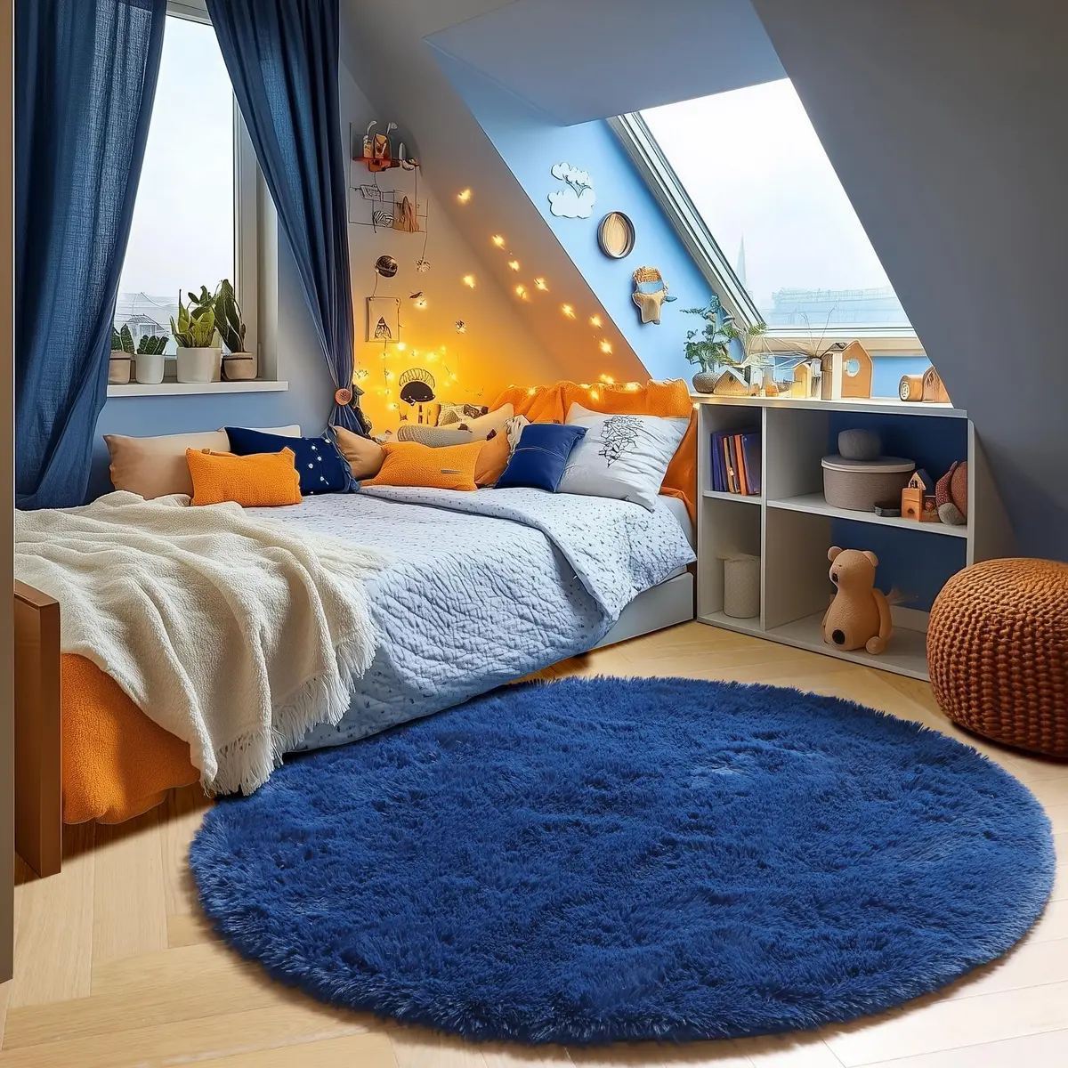 ONASAR Navy Blue Fluffy Round Rug 4ft | Soft Plush Kids Bedroom Decor - main product image