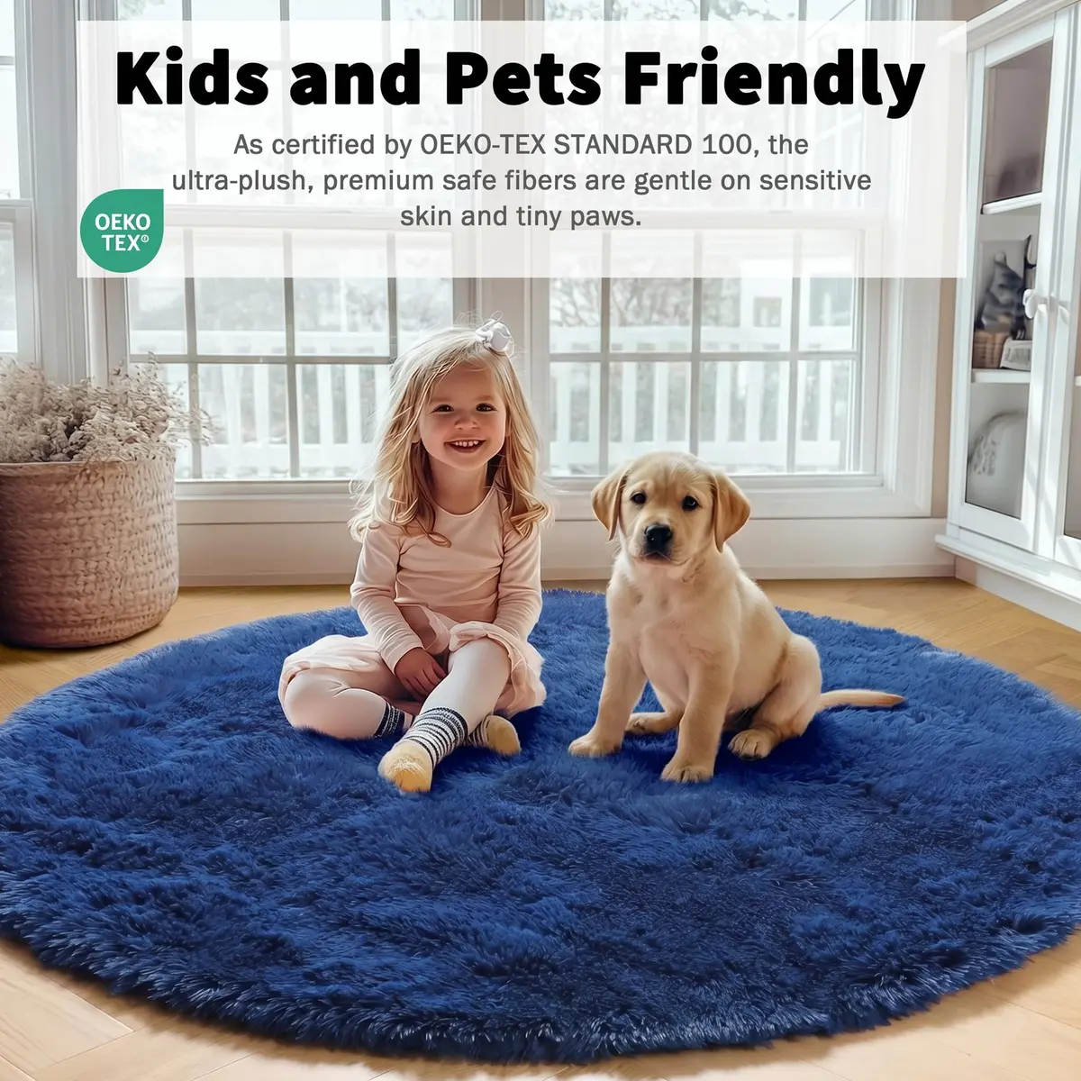 ONASAR Navy Blue Fluffy Round Rug 4ft | Soft Plush Kids Bedroom Decor - view 5