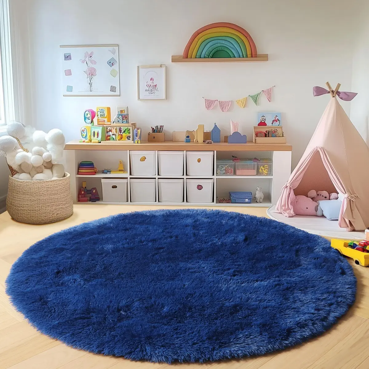 ONASAR Navy Blue Fluffy Round Rug 4ft | Soft Plush Kids Bedroom Decor - view 6