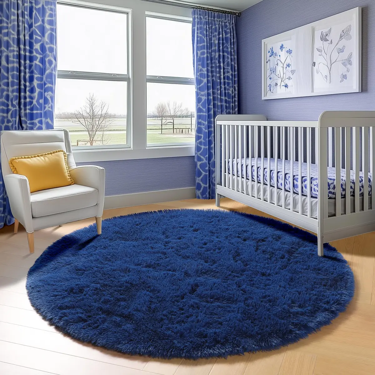 ONASAR Navy Blue Fluffy Round Rug 4ft | Soft Plush Kids Bedroom Decor - view 7