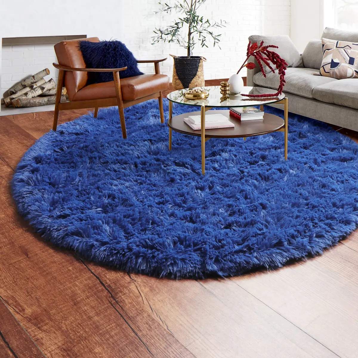 ONASAR Navy Blue Fluffy Round Rug 4ft | Soft Plush Kids Bedroom Decor - view 9