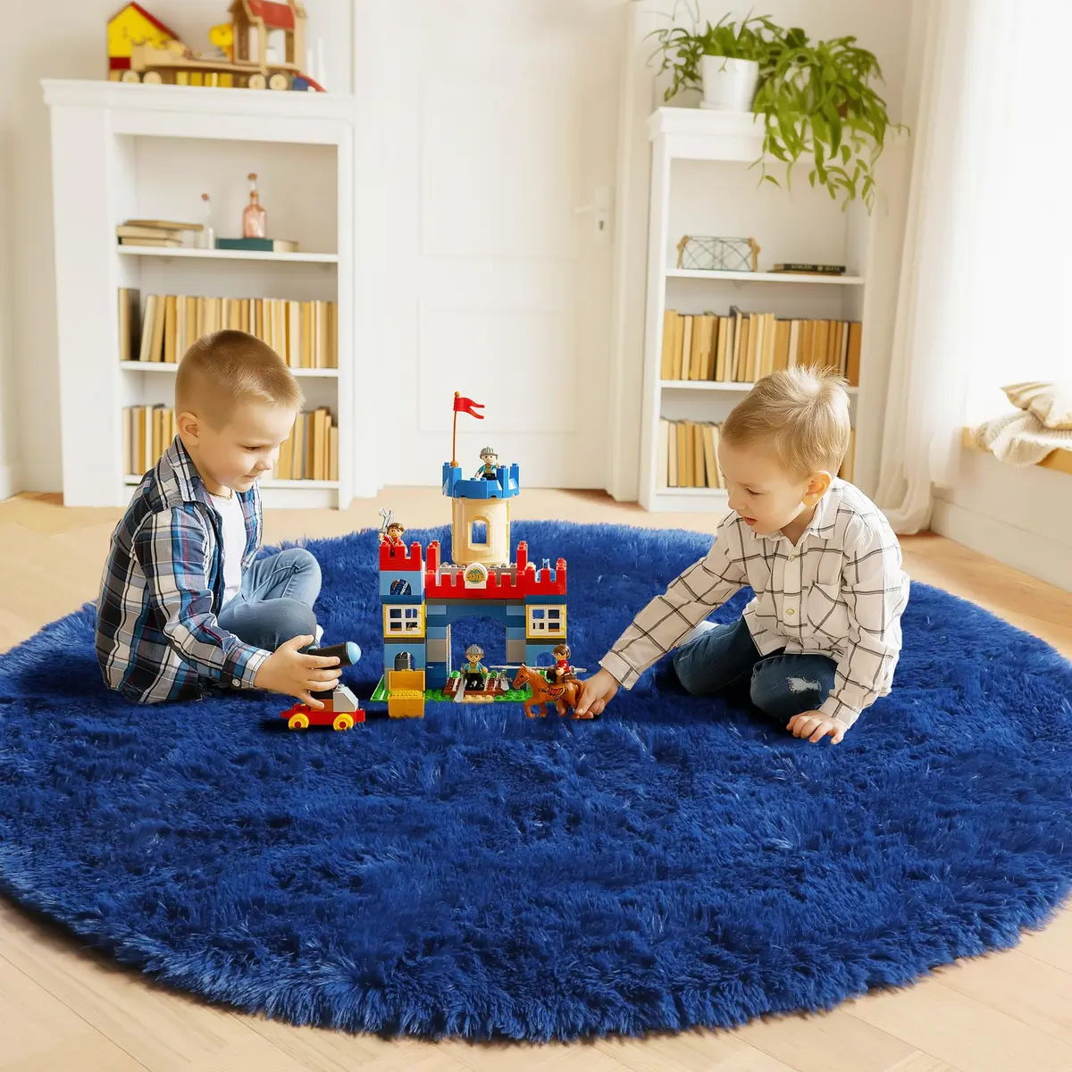 ONASAR Navy Blue Fluffy Round Rug 4ft | Soft Plush Kids Bedroom Decor - view 3