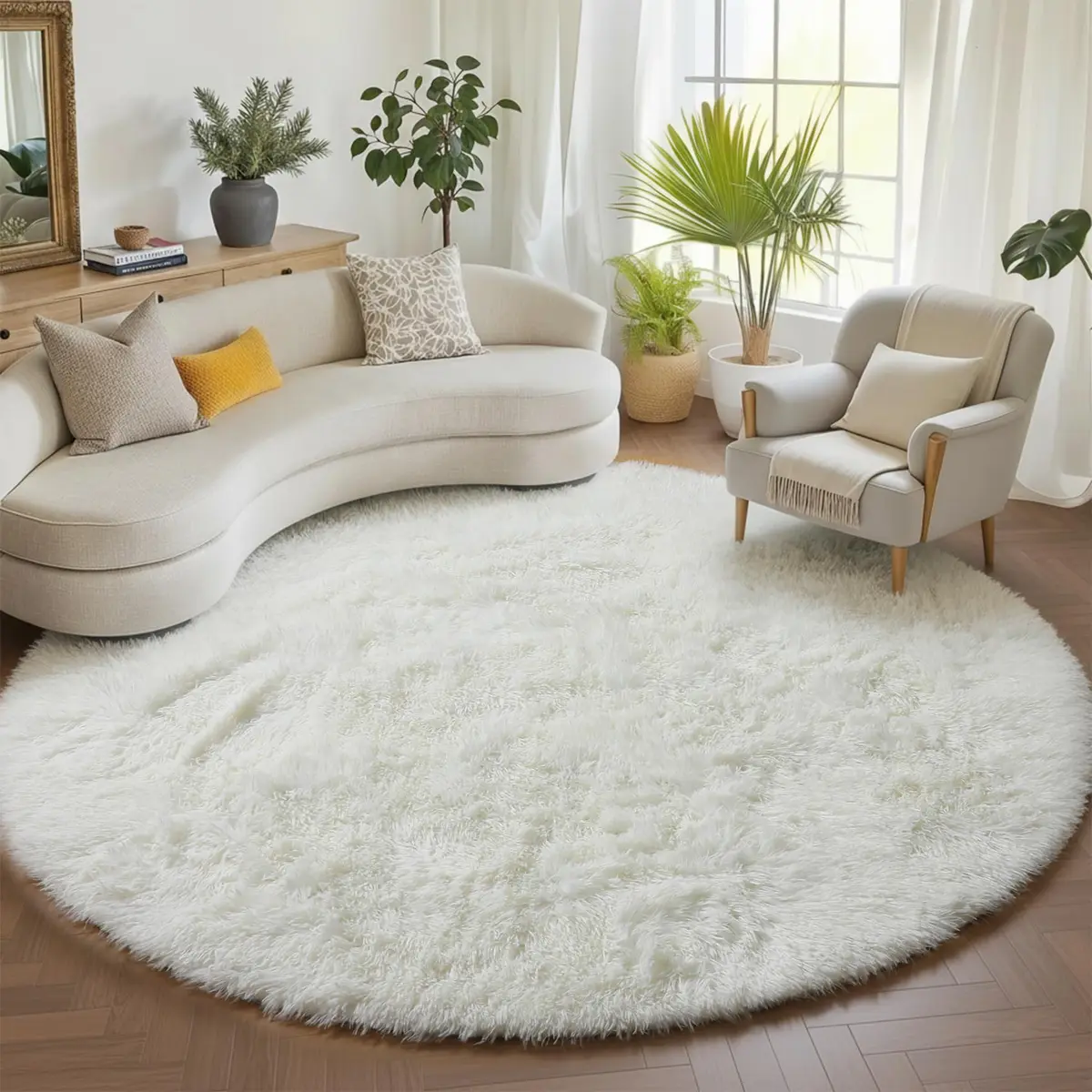 ONASAR Cream White Round Area Rug 6ft | Fluffy Plush Floor Mat for Kids & Home (100-120c) - main product image