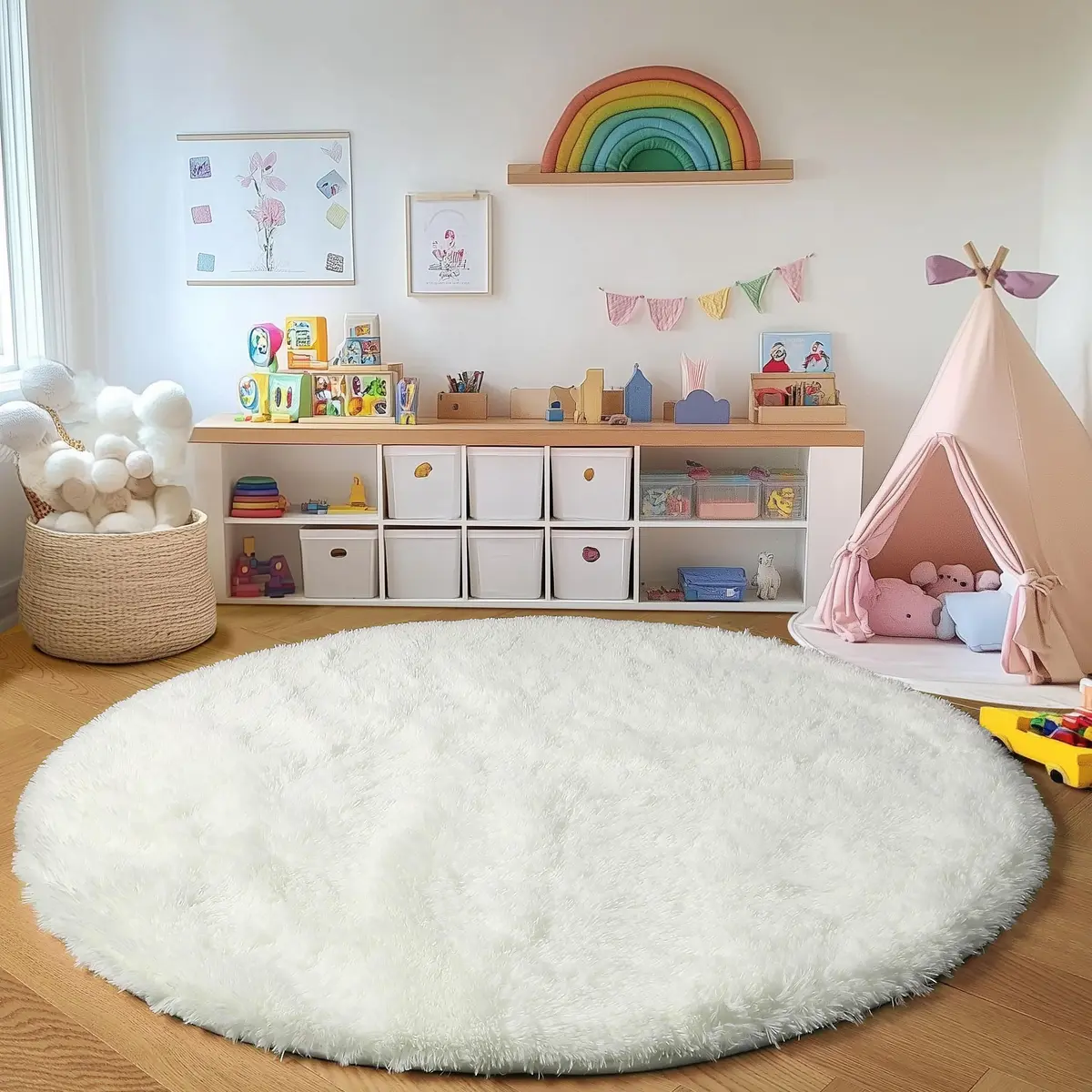 ONASAR Cream White Round Area Rug 6ft | Fluffy Plush Floor Mat for Kids & Home (100-120c) - view 5