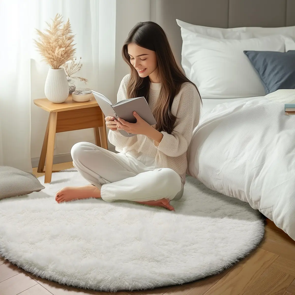 ONASAR Cream White Round Area Rug 6ft | Fluffy Plush Floor Mat for Kids & Home (100-120c) - view 7