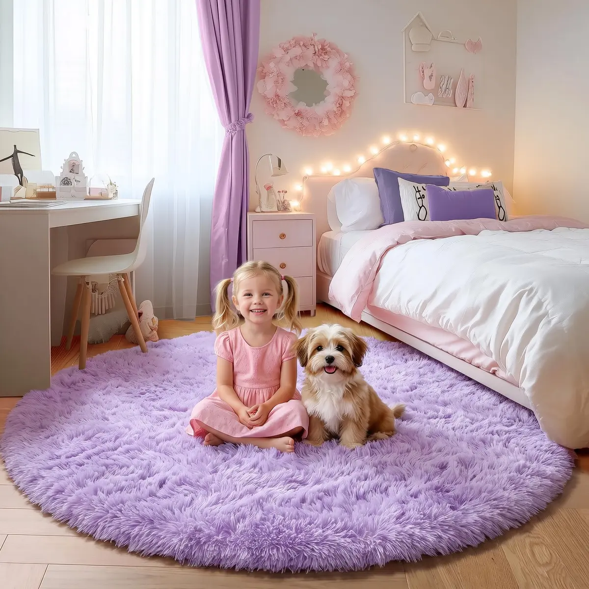 ONASAR Light Purple Round Rug 5ft | Fluffy Plush Kids Bedroom Decor - main product image