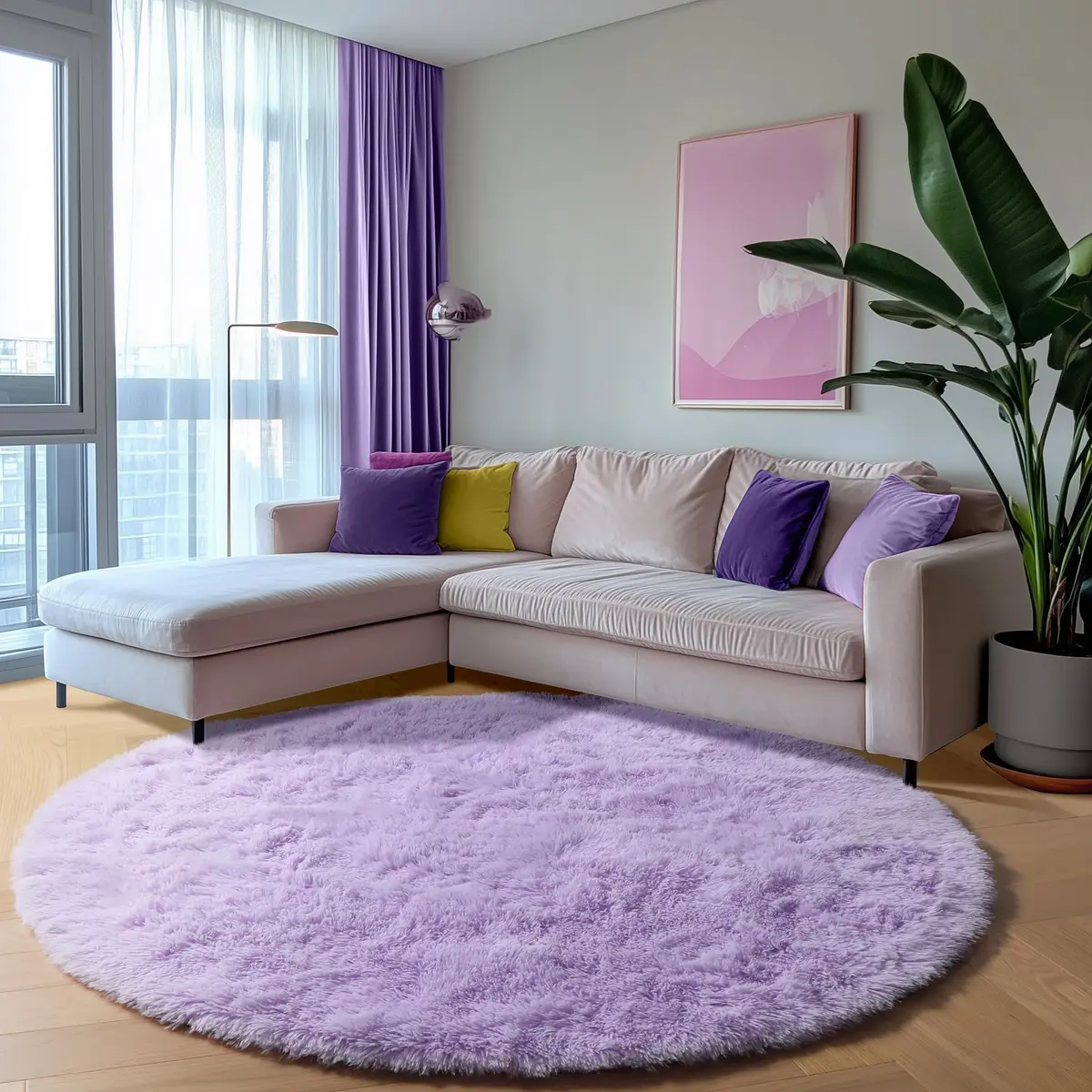 ONASAR Light Purple Round Rug 5ft | Fluffy Plush Kids Bedroom Decor - view 6