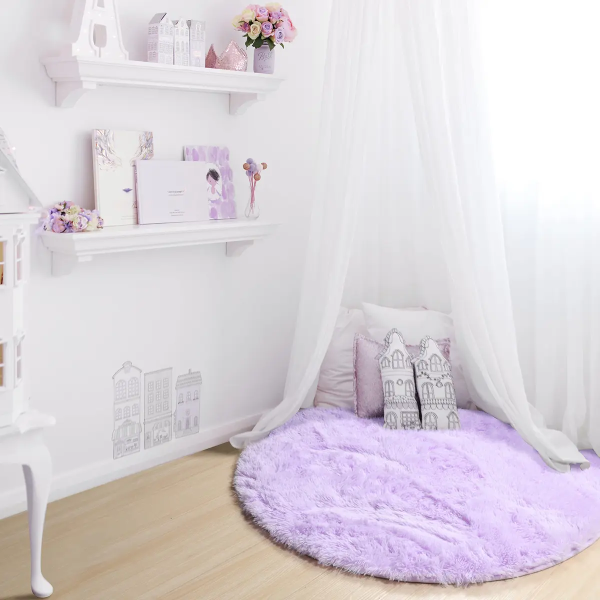 ONASAR Light Purple Round Rug 5ft | Fluffy Plush Kids Bedroom Decor - view 8