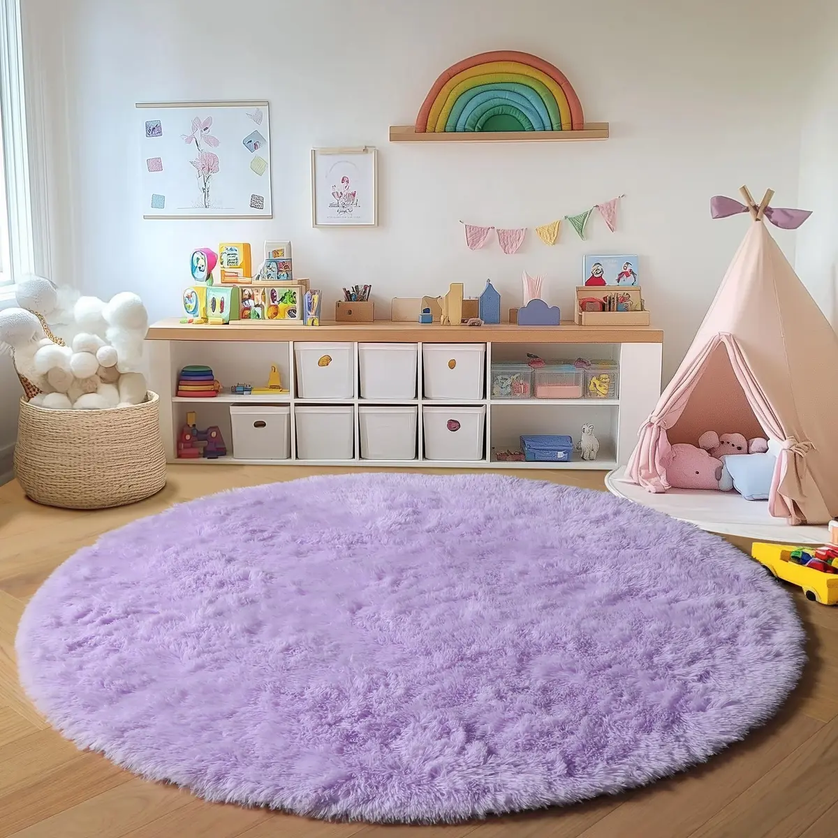 ONASAR Light Purple Round Rug 5ft | Fluffy Plush Kids Bedroom Decor - view 4