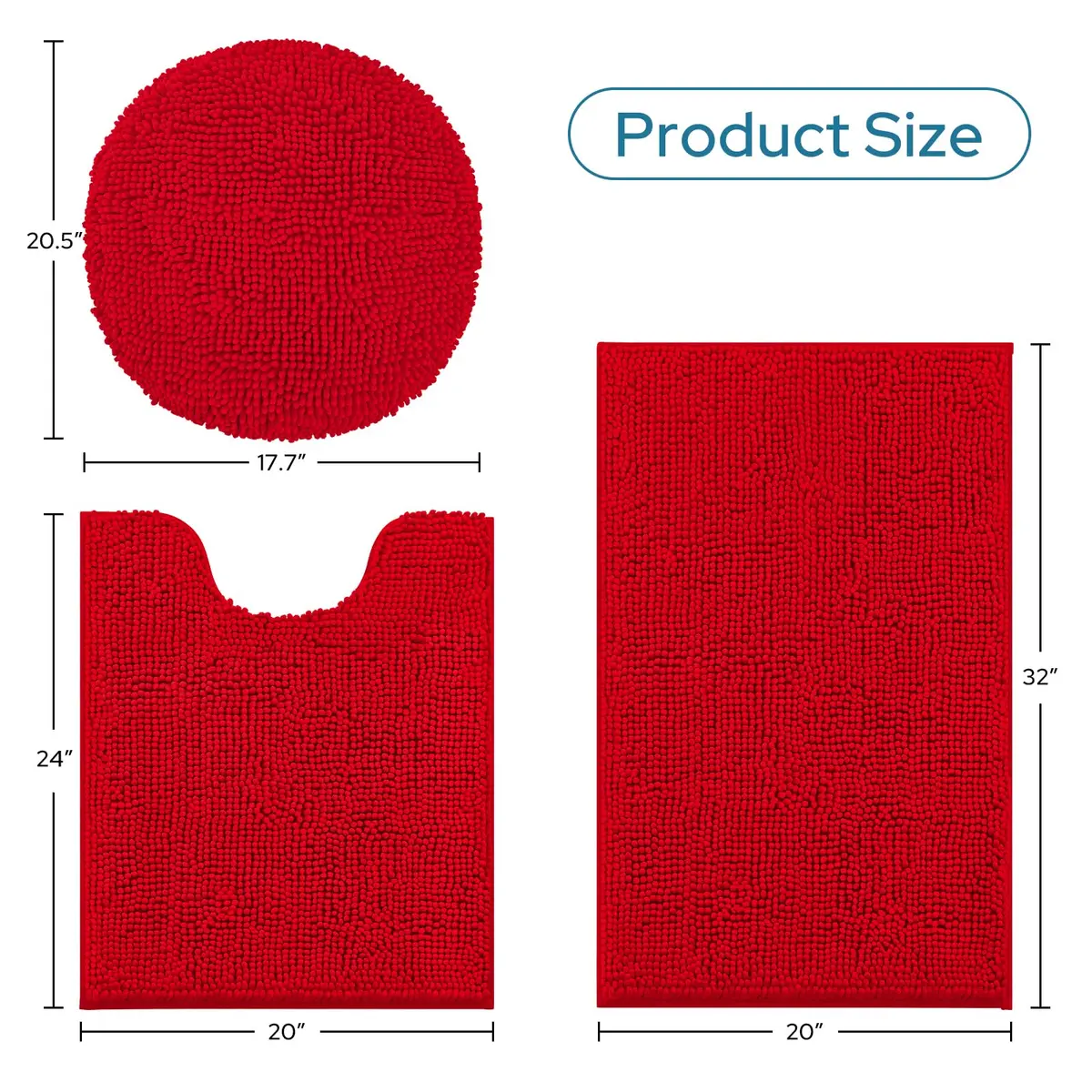 BYSURE Red Bathroom Rugs Set 3 Piece | Plush Chenille, Non Slip, Extra Absorbent (32"x20") - view 5