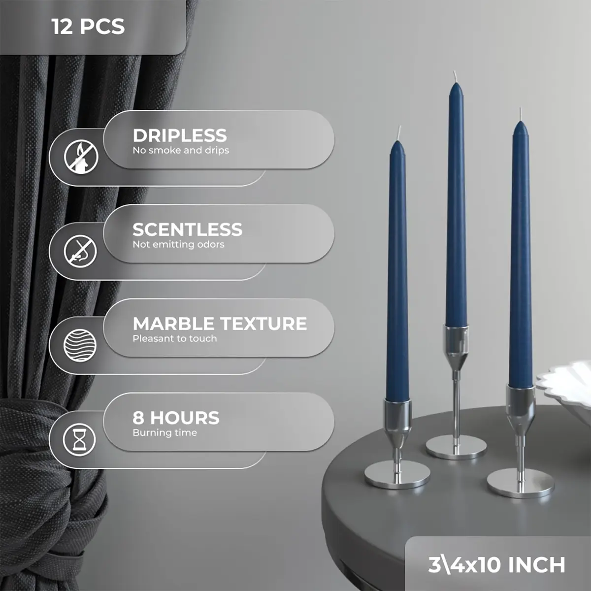 CANDWAX 10 inch Tapered Candles Set of 12 Unscented Dripless Dark Blue | Elegant Dinner & Decor - view 3