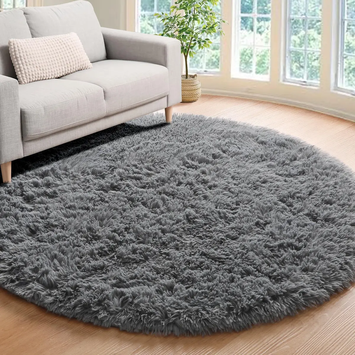 ONASAR Grey Fluffy Round Rug 4ft | Soft Plush Non-Slip Circle Area Rug for Bedroom & Living Room - main product image