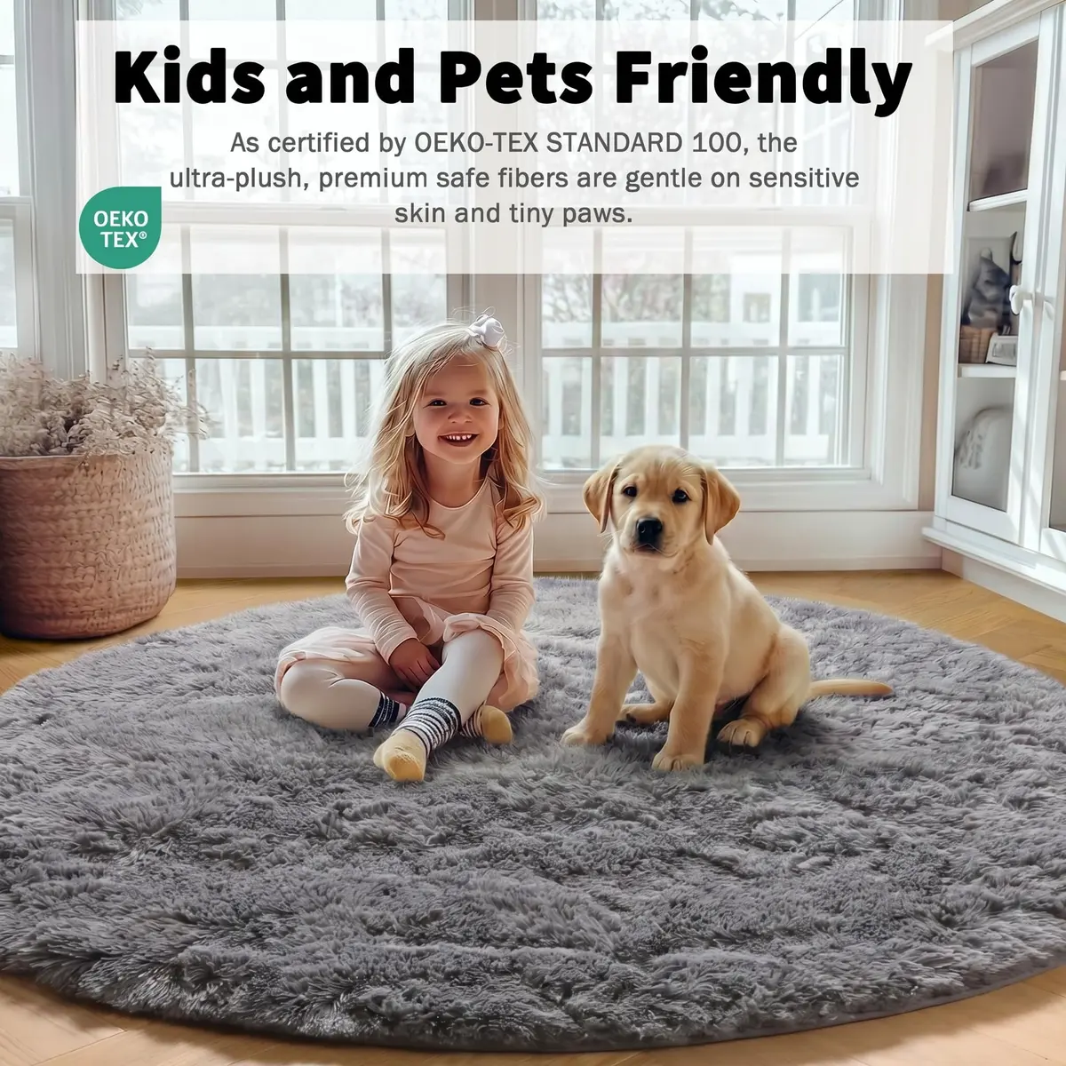 ONASAR Grey Fluffy Round Rug 4ft | Soft Plush Non-Slip Circle Area Rug for Bedroom & Living Room - view 5