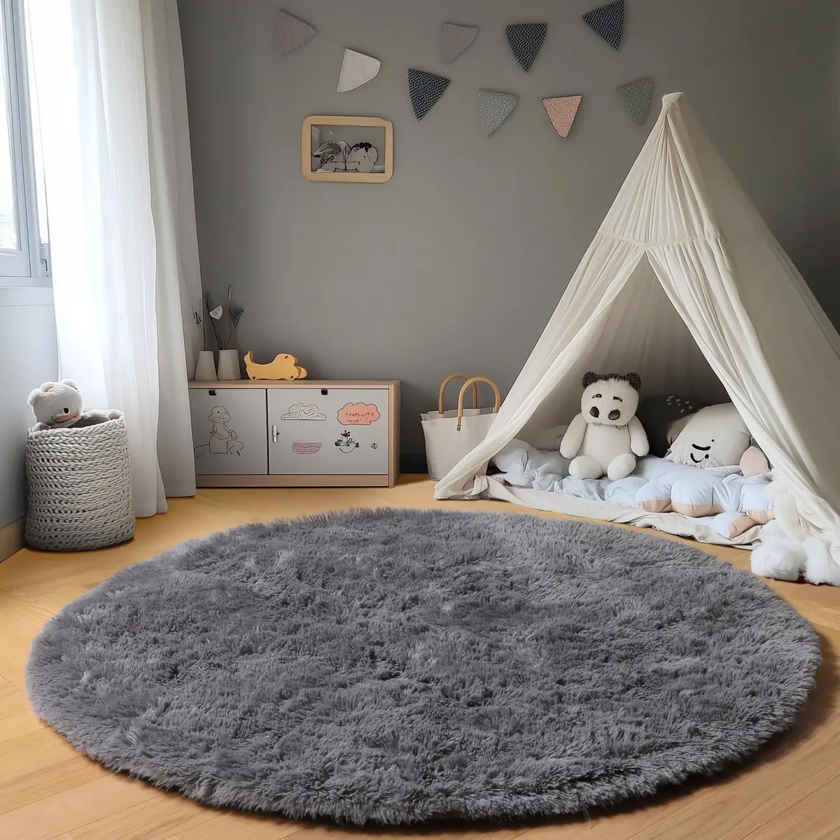 ONASAR Grey Fluffy Round Rug 4ft | Soft Plush Non-Slip Circle Area Rug for Bedroom & Living Room - view 6