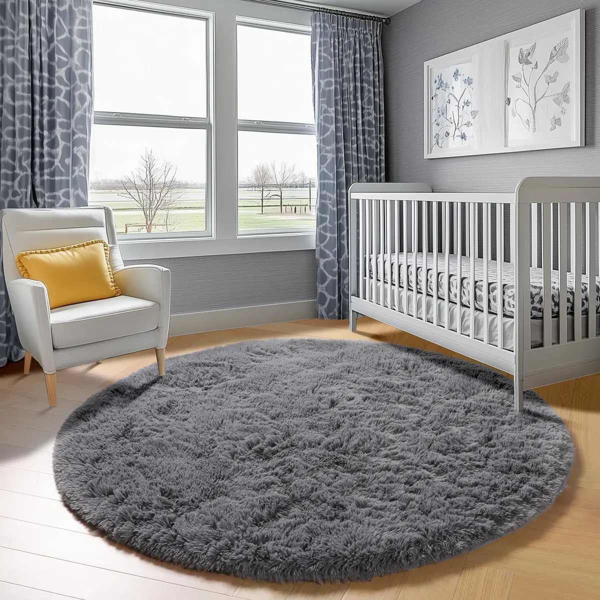 ONASAR Grey Fluffy Round Rug 4ft | Soft Plush Non-Slip Circle Area Rug for Bedroom & Living Room - view 7