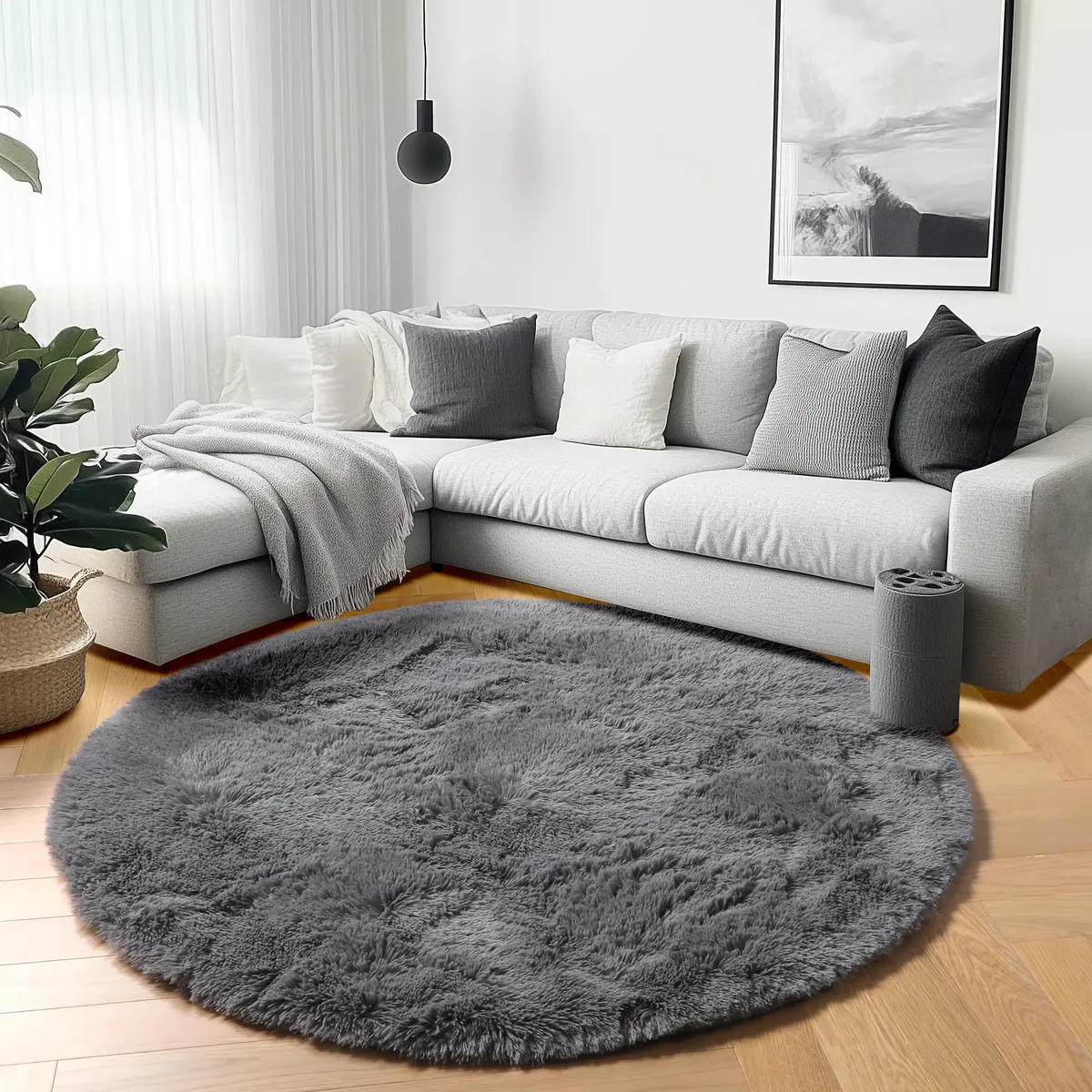 ONASAR Grey Fluffy Round Rug 4ft | Soft Plush Non-Slip Circle Area Rug for Bedroom & Living Room - view 8