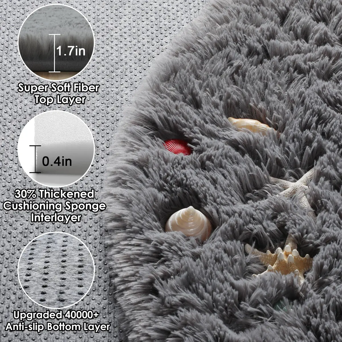 ONASAR Grey Fluffy Round Rug 4ft | Soft Plush Non-Slip Circle Area Rug for Bedroom & Living Room - view 2