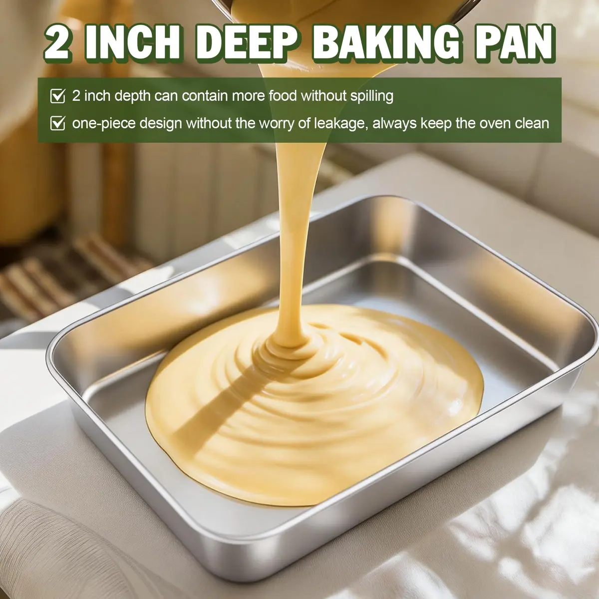 TeamFar Stainless Steel Baking Pan 25.4cm x 20.3cm x 5.1cm (2-Pack) | Healthy & Even Heat for Cakes & Brownies - view 7