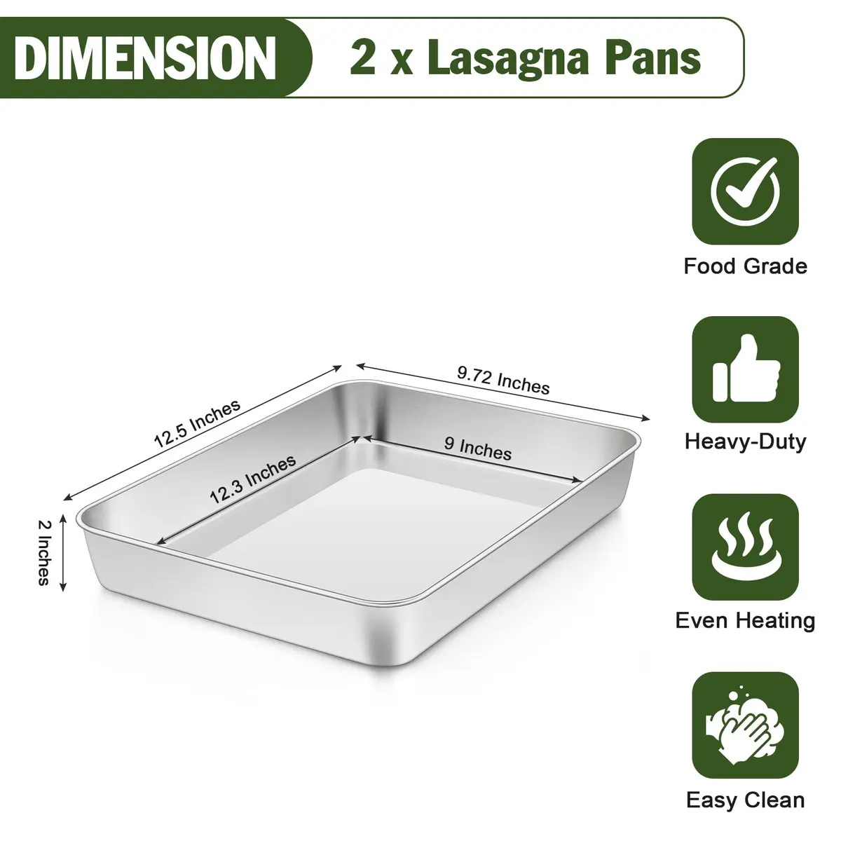 TeamFar Stainless Steel Baking Pan 25.4cm x 20.3cm x 5.1cm (2-Pack) | Healthy & Even Heat for Cakes & Brownies - view 2