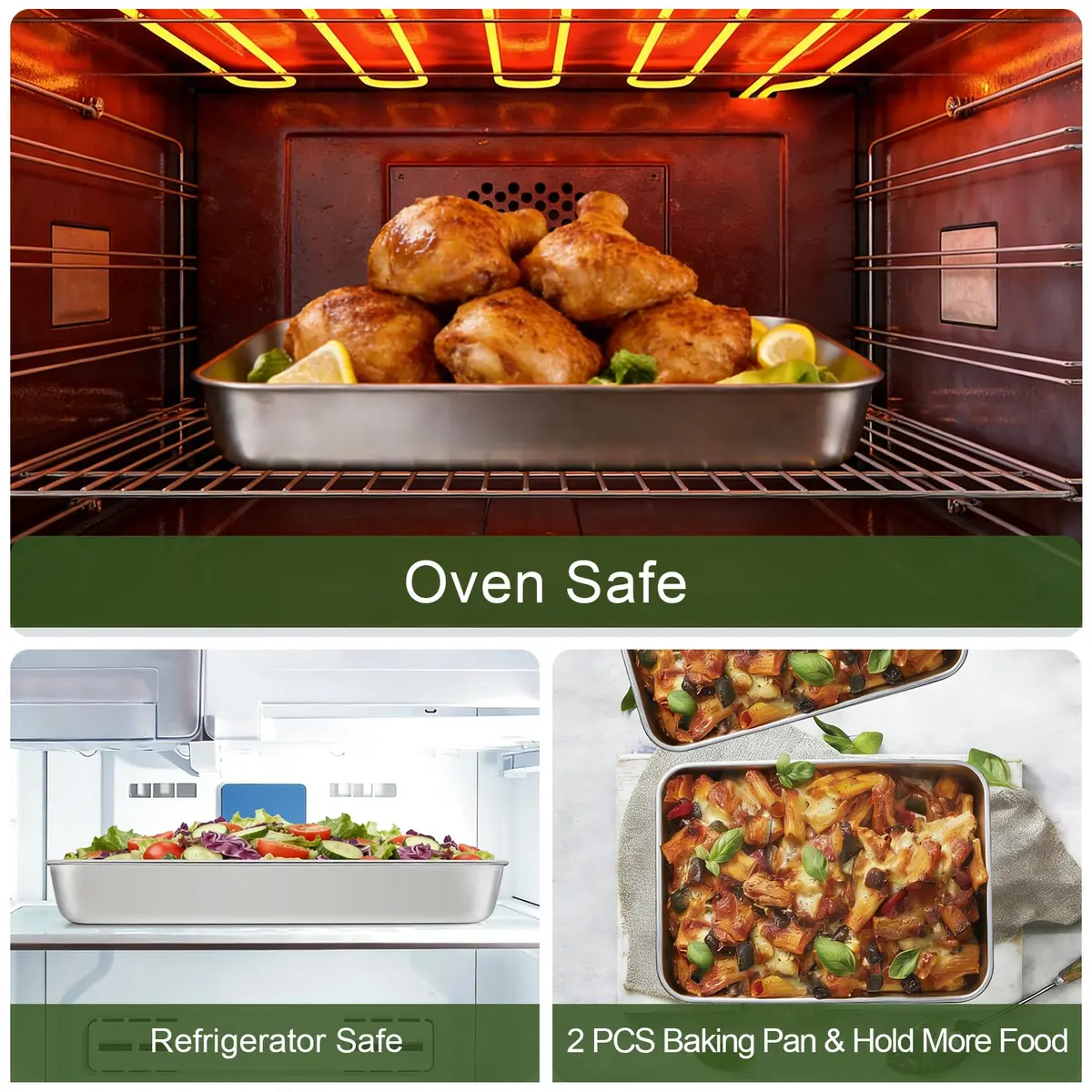 TeamFar Stainless Steel Baking Pan 25.4cm x 20.3cm x 5.1cm (2-Pack) | Healthy & Even Heat for Cakes & Brownies - view 3