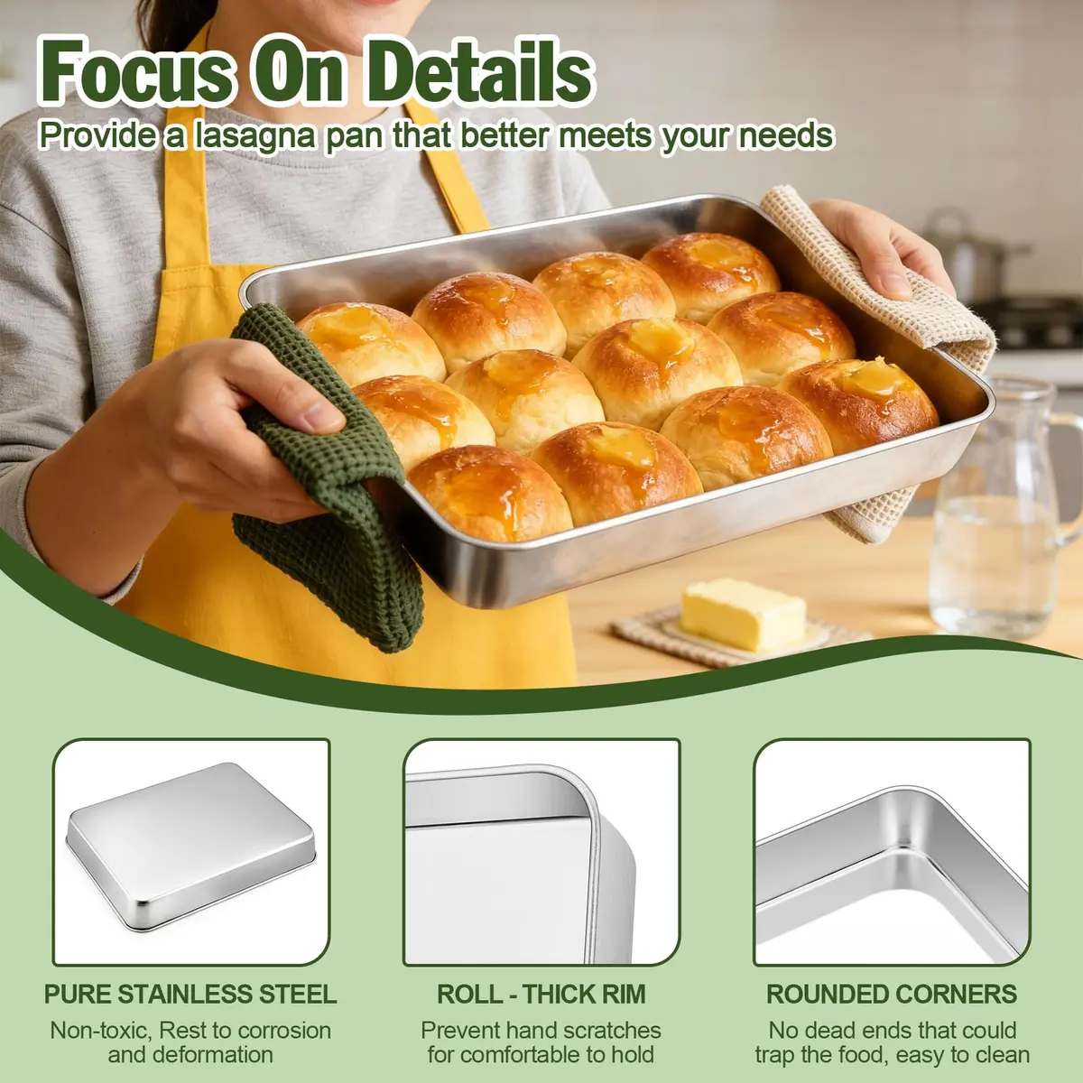 TeamFar Stainless Steel Baking Pan 25.4cm x 20.3cm x 5.1cm (2-Pack) | Healthy & Even Heat for Cakes & Brownies - view 4