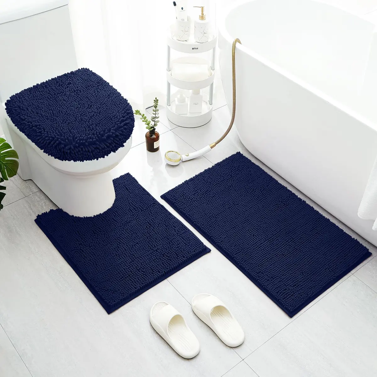 BYSURE Navy Blue Bathroom Rugs Sets 3 Piece | Plush Chenille, Non Slip, Absorbent, Washable Bathroom Mat - main product image