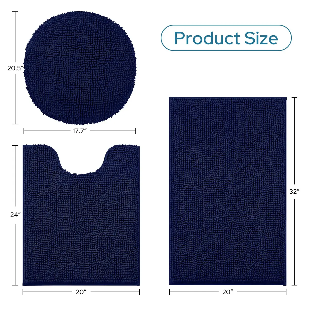 BYSURE Navy Blue Bathroom Rugs Sets 3 Piece | Plush Chenille, Non Slip, Absorbent, Washable Bathroom Mat - view 5
