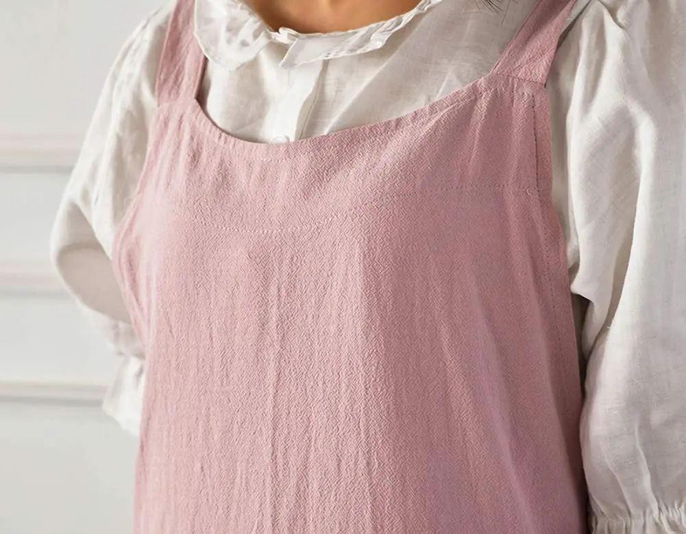 NEWGEM Japanese Cotton Cross Back Pinafore Apron for Women with Pockets Pink 80cm (31.5in) | Breathable Linen Blend for Kitchen & Art - view 5