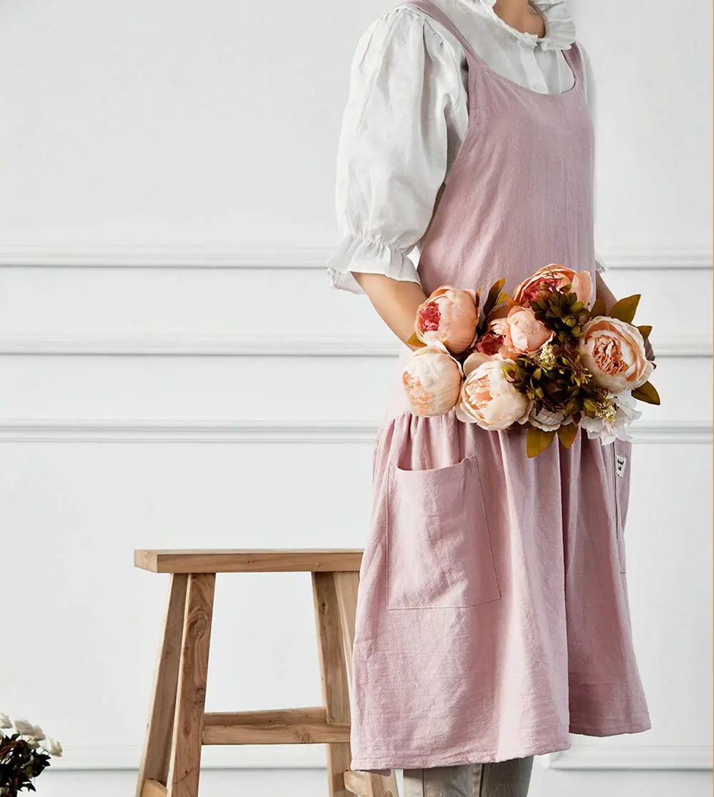 NEWGEM Japanese Cotton Cross Back Pinafore Apron for Women with Pockets Pink 80cm (31.5in) | Breathable Linen Blend for Kitchen & Art - view 2