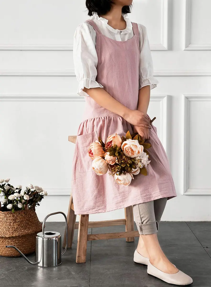 NEWGEM Japanese Cotton Cross Back Pinafore Apron for Women with Pockets Pink 80cm (31.5in) | Breathable Linen Blend for Kitchen & Art - view 3