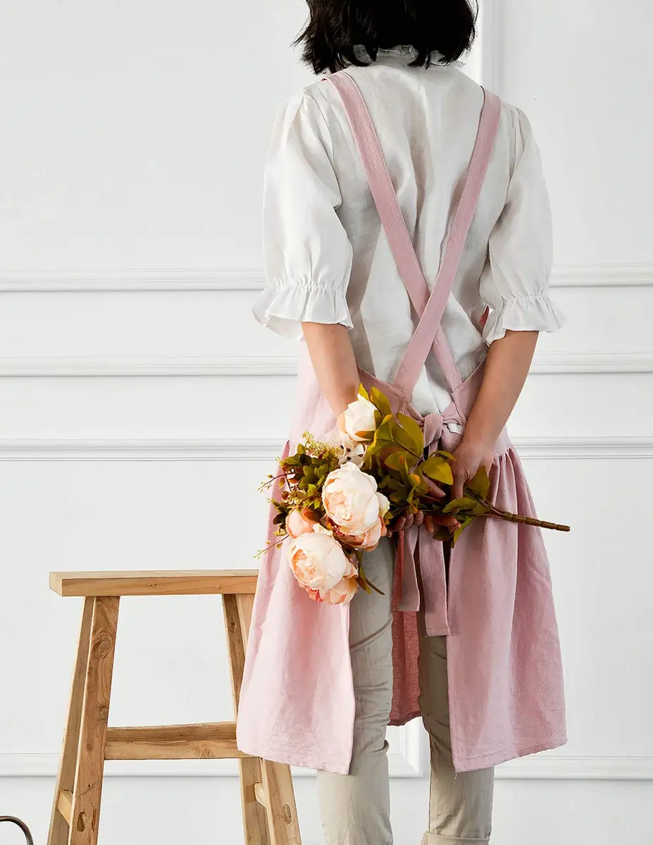 NEWGEM Japanese Cotton Cross Back Pinafore Apron for Women with Pockets Pink 80cm (31.5in) | Breathable Linen Blend for Kitchen & Art - view 4
