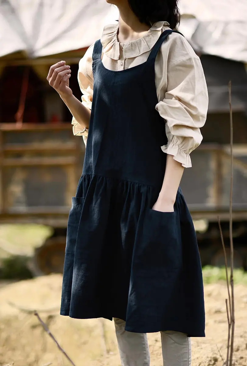 NEWGEM Japanese Cotton Cross Back Pinafore Apron for Women with Pockets Navy | Breathable Linen Blend - view 5