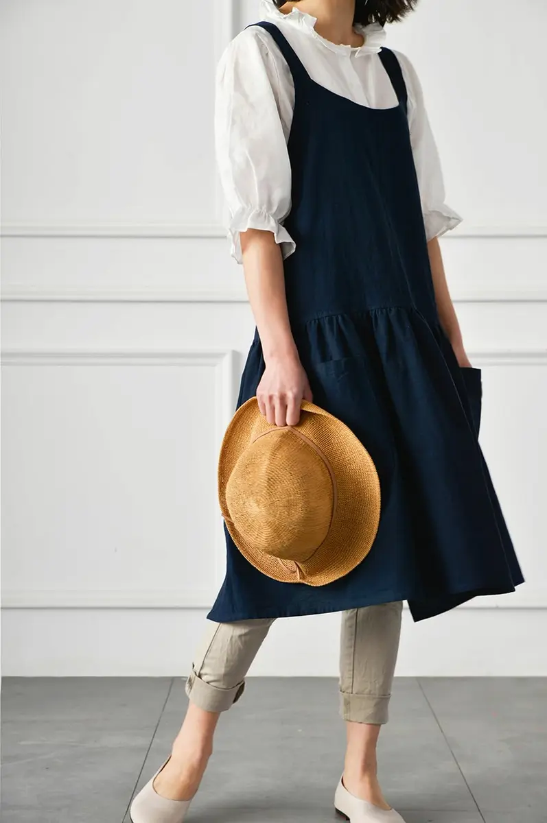 NEWGEM Japanese Cotton Cross Back Pinafore Apron for Women with Pockets Navy | Breathable Linen Blend - view 6