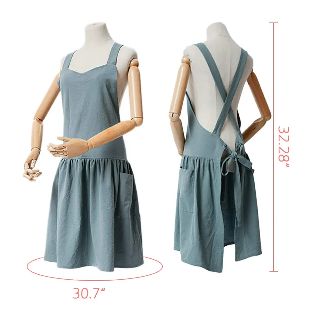 NEWGEM Japanese Cotton Cross Back Pinafore Apron for Women with Pockets Navy | Breathable Linen Blend - view 7